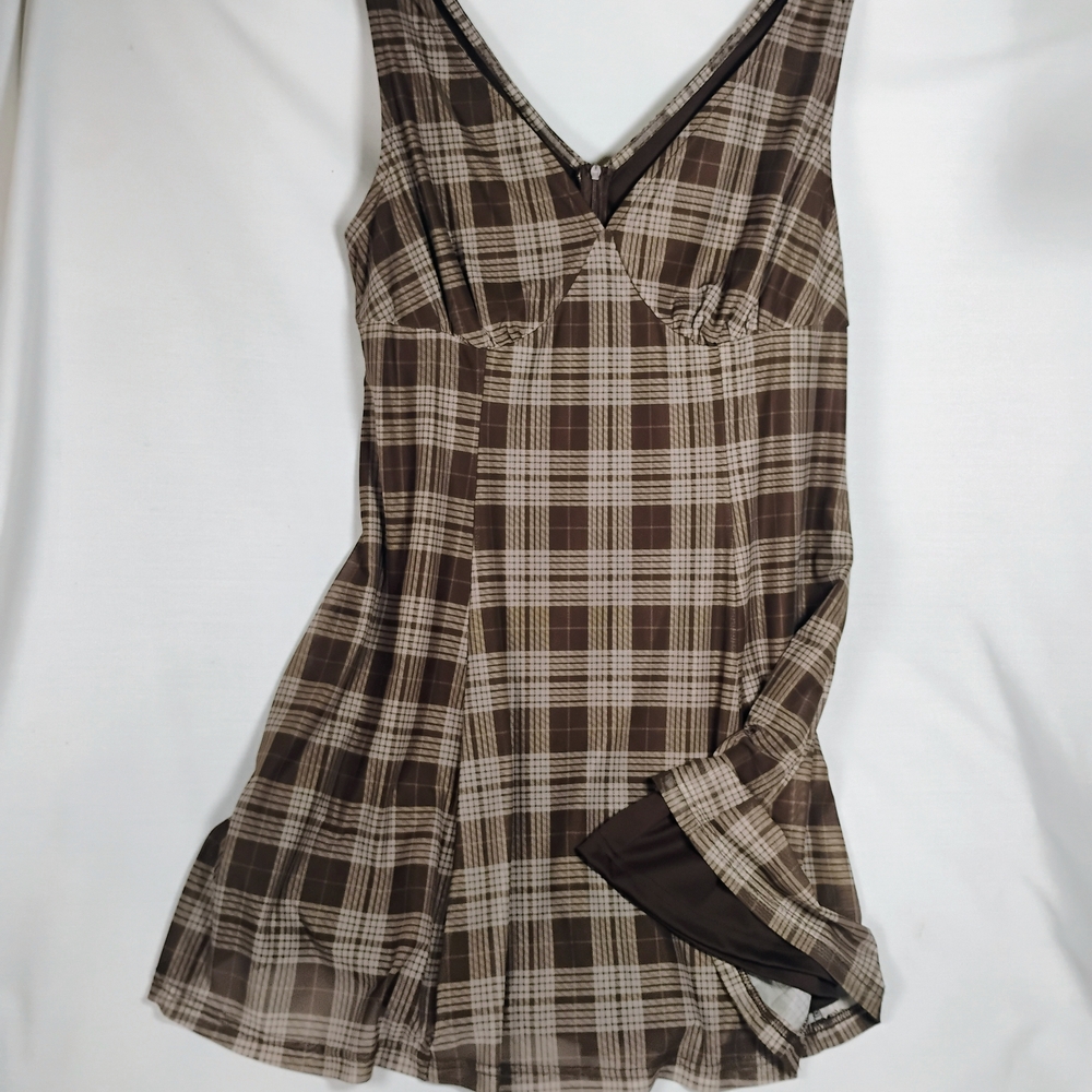 90s Style Mall Grunge Brown Plaid Mini Dress - Cider Brand - Emo Mall Aesthetic